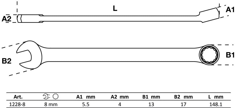 Raktas kombinuotas | ilgas tipas | 8 mm (1228-8)