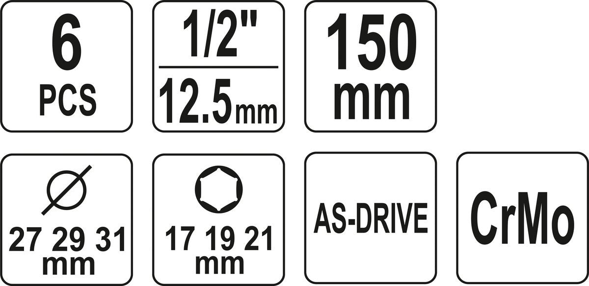 Plonasienių smūginių galvučių rinkinys su apsaugom | 12,5 mm (1/2") | 150 mm | 17/19/21 mm | 6 vnt. (YT-10563)
