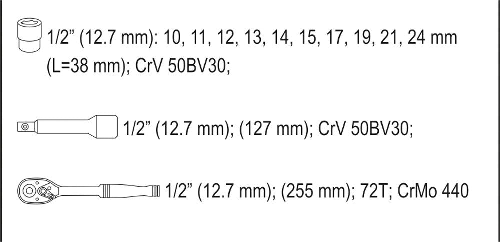 Įrankių rinkinys | 12,5 mm (1/2") | 10-24 mm | 12 vnt. (YT-38671)