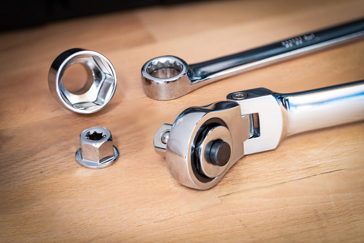 Dvigubo žiedo ir lanksčios galvutės terkšlinių veržliarakčių rinkinys | ilgi | 27 vnt. (74274)