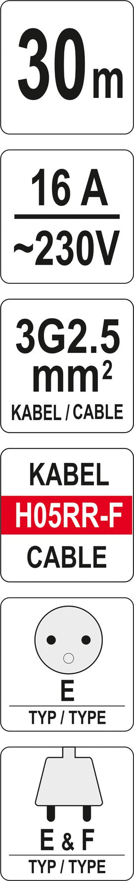 Ilgintuvas su būgnu 30 m ilgio kabelis | 3x2,5 mm2 (YT-8106)