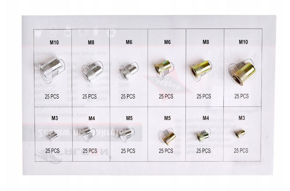 Srieginių plieninių ir aliuminų kniedžių rinkinys MIX | M3-M10 | 300 vnt. (SK01069)