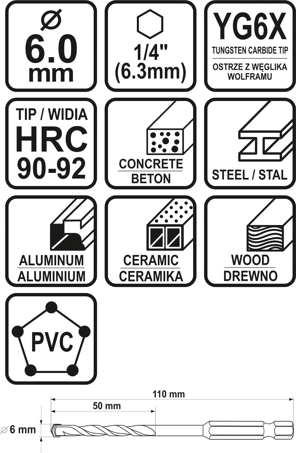 Grąžtas universalus su Hex 6.3 mm (1/4") galu | 6.0 mm (21686)