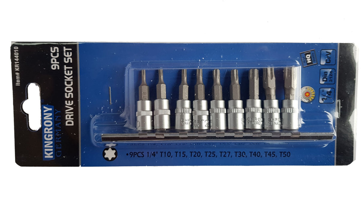 Įpresuotų antgalių rinkinys | 6.3 mm (1/4") | T-Star (Torx) T10 - T50 | 9 vnt. (KR144010)