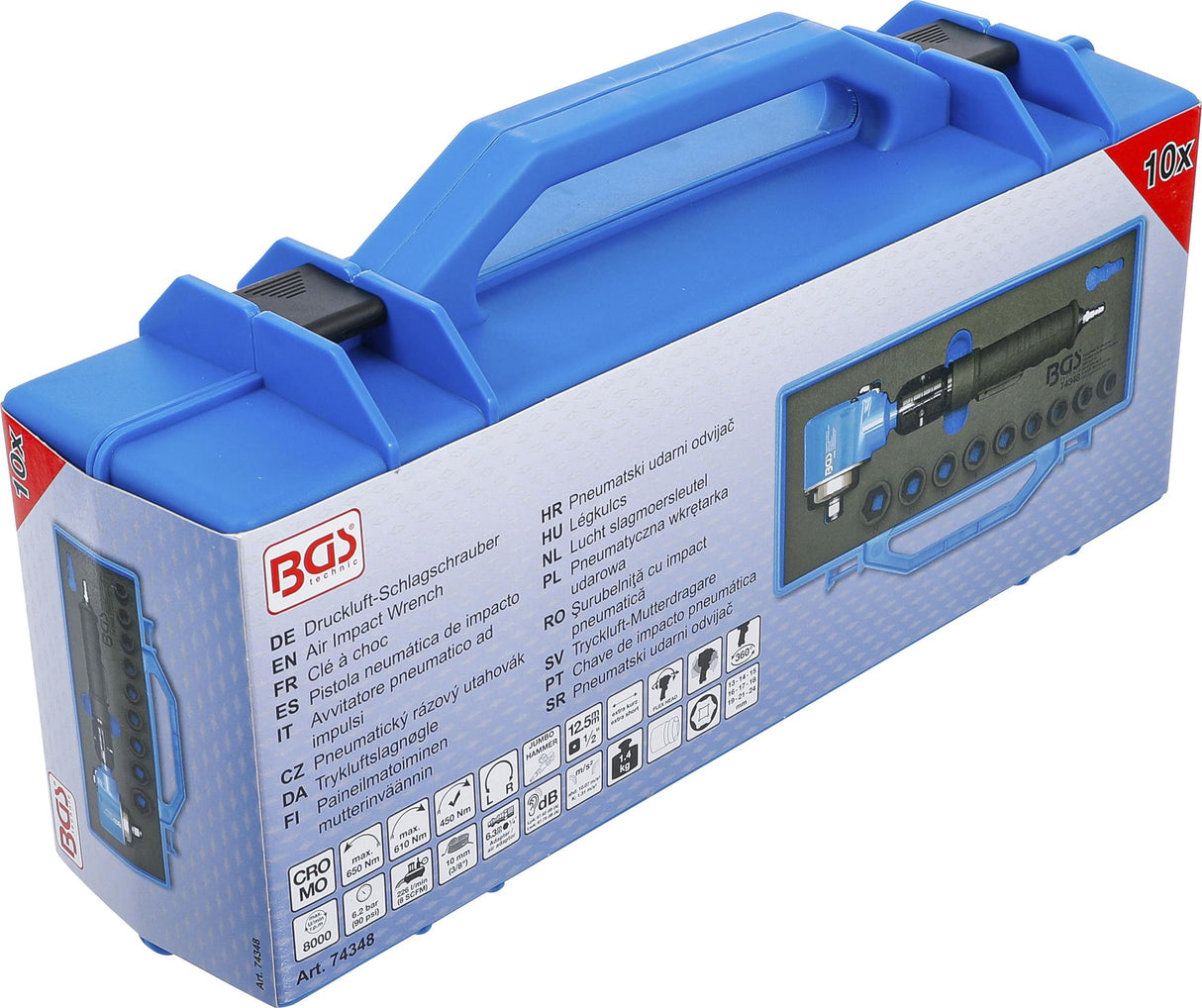 Pneumatinis smūginis veržliasukis | su pakreipiama galvute ir smūginių galvučlų rinkiniu | 12,5 mm (1/2") | 650 Nm | 10 vnt. (74348)