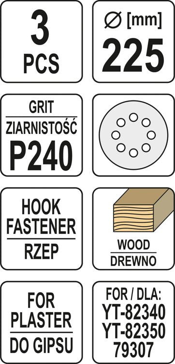 Šlifavimo popierius {velcro) apvalus | su skylėm | 225 mm / P240 | 3 vnt. (YT-83477)