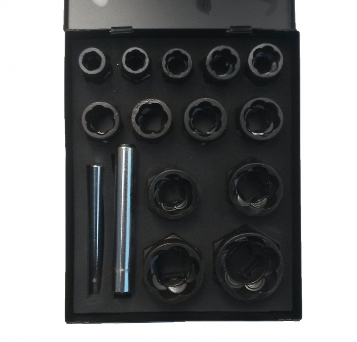Galvučių sugadintiems varžtams komplektas metal. dėž. 3/8"+1/2"| 15 vnt. (2408E)