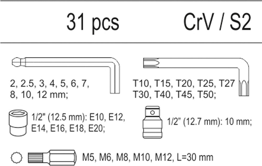 Įrankių rinkinys į vežimėlius - Hex ir Torx raktai, galvutės ir antgaliai 31vnt. (YT-55451)