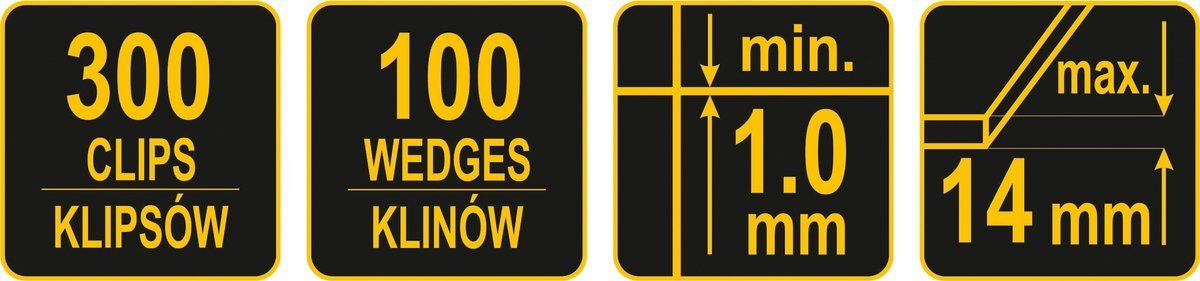 Plytelių išlyginimo sistema | 1 mm / 100 pleištų ir 300 spaustukų rinkinys kibire (04715)