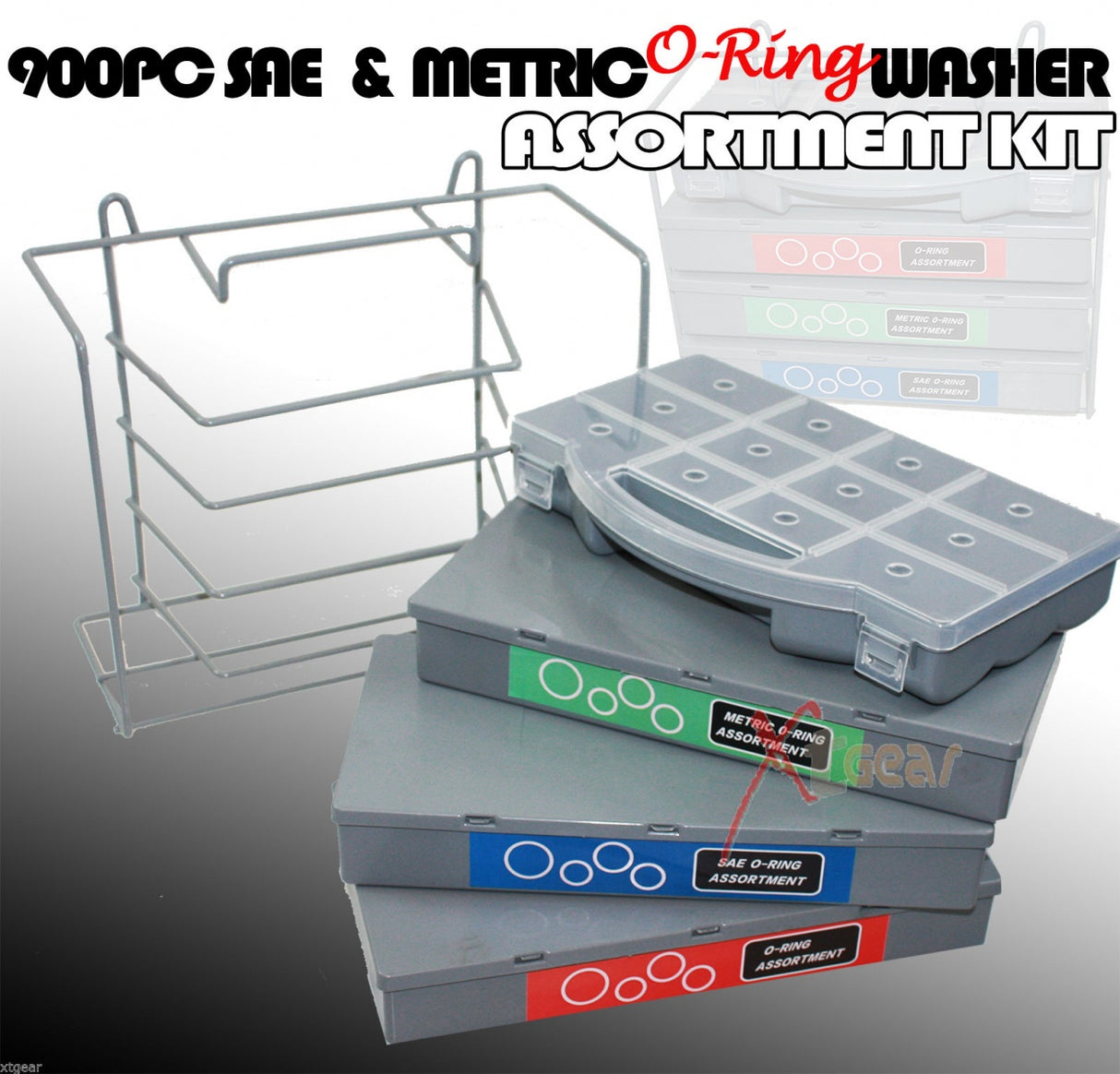 Įvairių guminių tarpinių-manžetų rinkinys su stovu (metrinės, colinės, žalios) 900 vnt (8045-900)