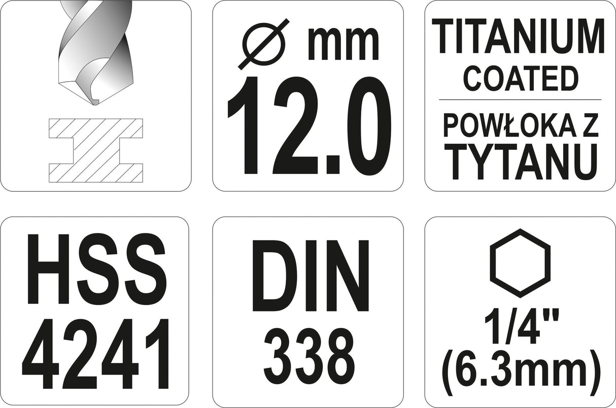 Grąžtas metalui su Hex 6.3 mm (1/4") galu HSS-TiN | 12.0 mm (YT-44774)