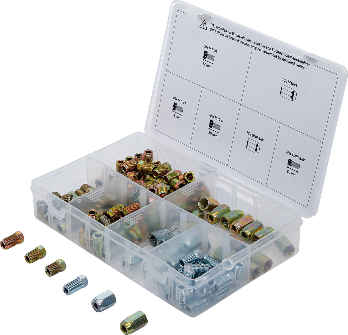 Stabdžių vamzdžių jungiamųjų detalių, jungiamųjų veržlių ir varžtų asortimentas | 135 vnt. (70341)