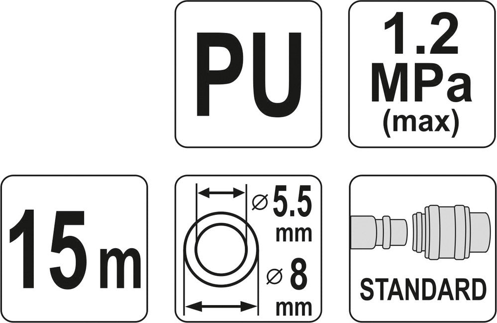 Pneumatinė žarna su antgaliais | 5.5 x 8mm | 15 m | PU (YT-24203)