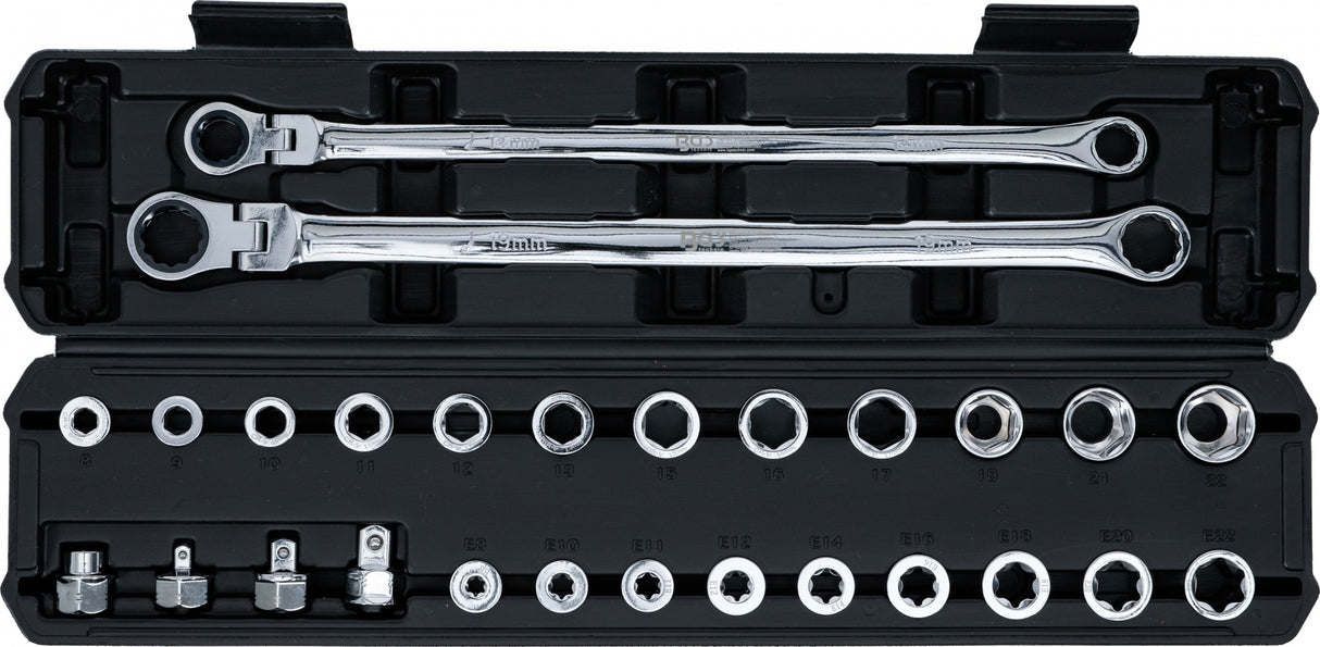 Dvigubo žiedo ir lanksčios galvutės terkšlinių veržliarakčių rinkinys | ilgi | 27 vnt. (74274)