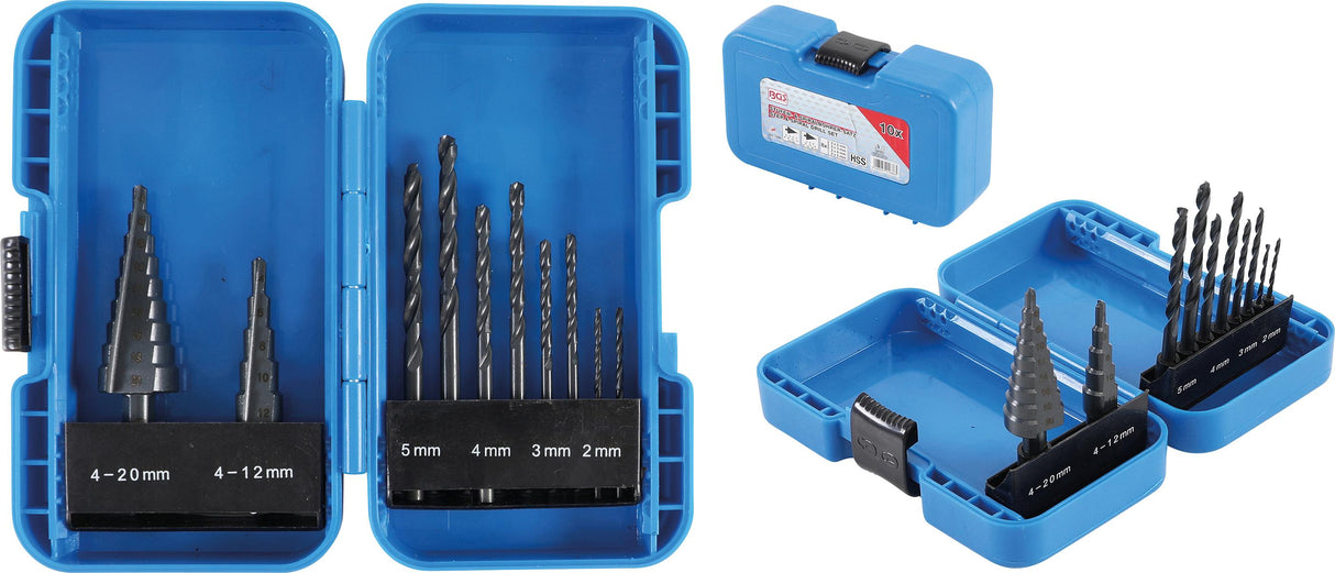 Pakopinių grąžtų ir grąžtų metalui komplektas | Ø 4 - 12/4 - 20 mm | 2 - 5 mm | 10 vnt. (1686)