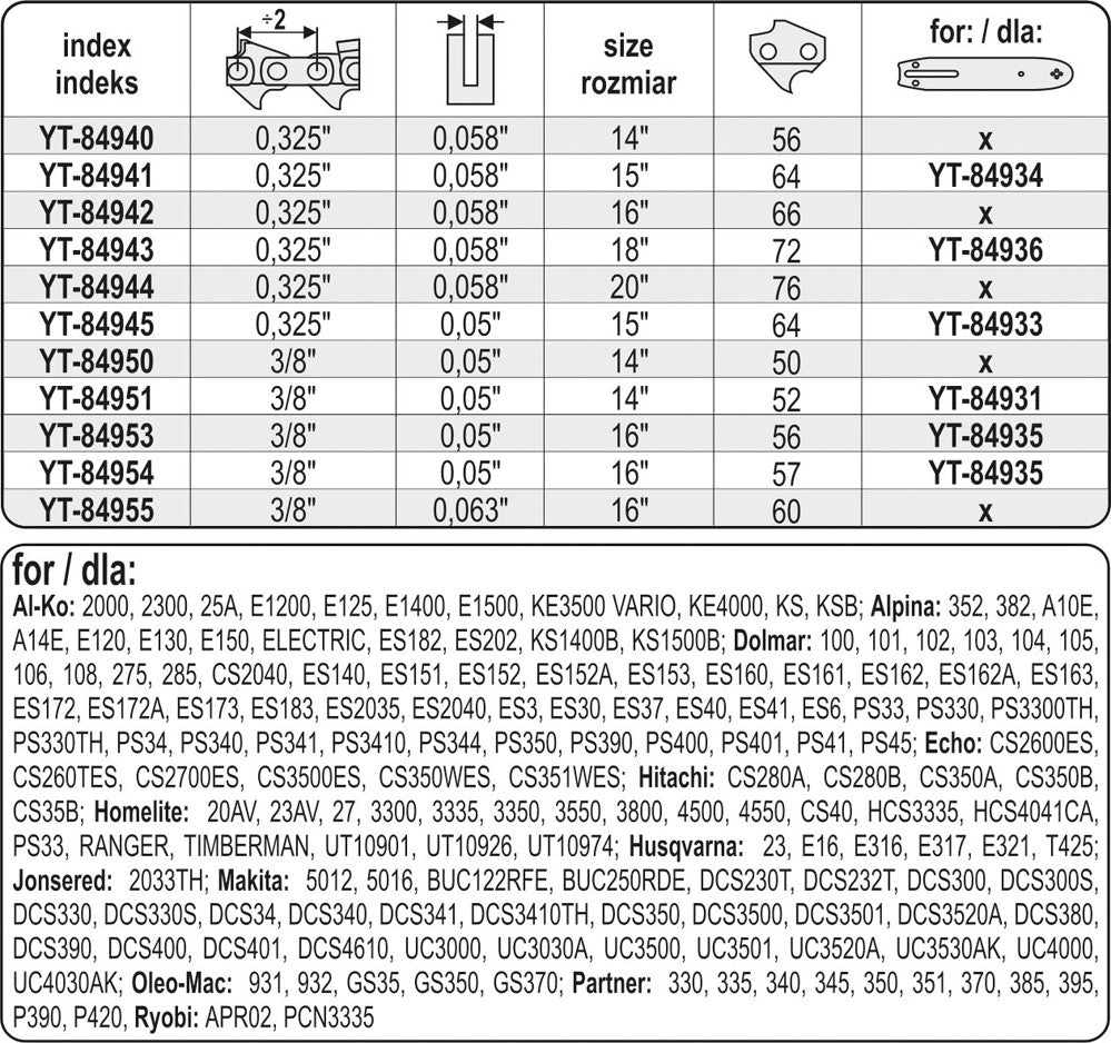 Grandinė pjūklui 16" 3/8" 0,05" 57 dantys (YT-84954)