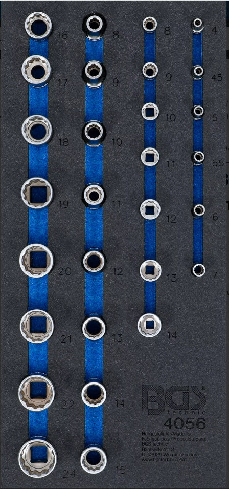 Įrankių dėklas 1/3: galvutės 12 kampų | 6.3 mm (1/4") ir 12.5 mm (1/2") | 29 vnt. (4056)