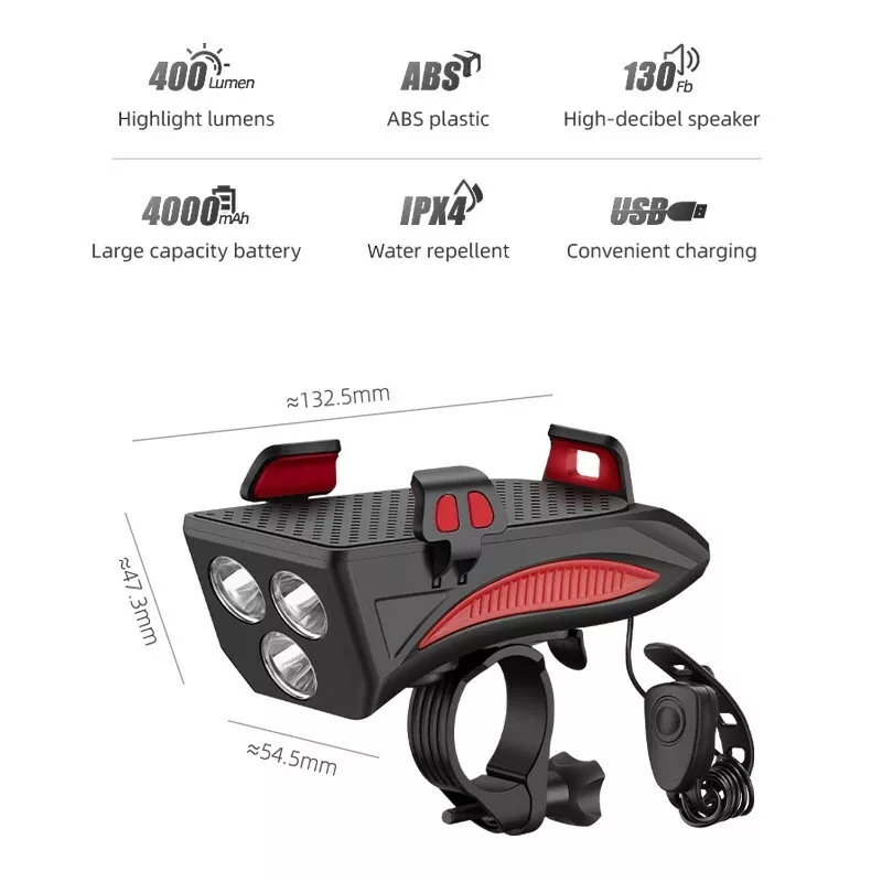 Dviračio žibintas su telefono laikikliu | signalas | daugiafunkcinis / powerbank | USB | 3 led (RBL3)