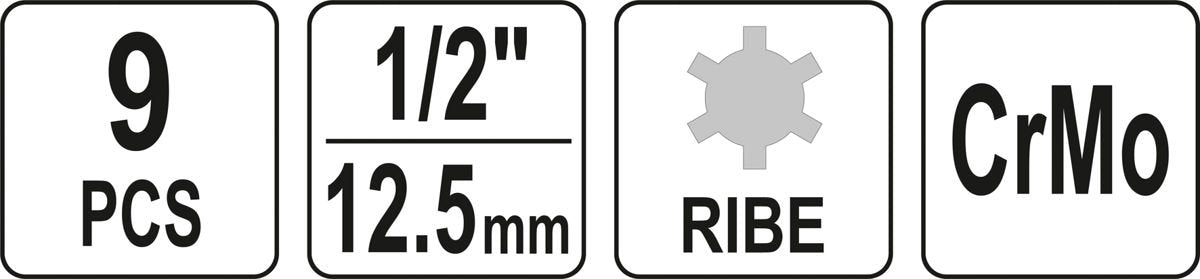 Smūginių antgalių rinkinys | 12,5 mm (1/2") | Spline (Ribe) M5 - M14 | 9 vnt. (YT-10681)