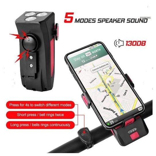 Dviračio žibintas su telefono laikikliu | signalas | daugiafunkcinis / powerbank | USB | 3 led (RBL3)