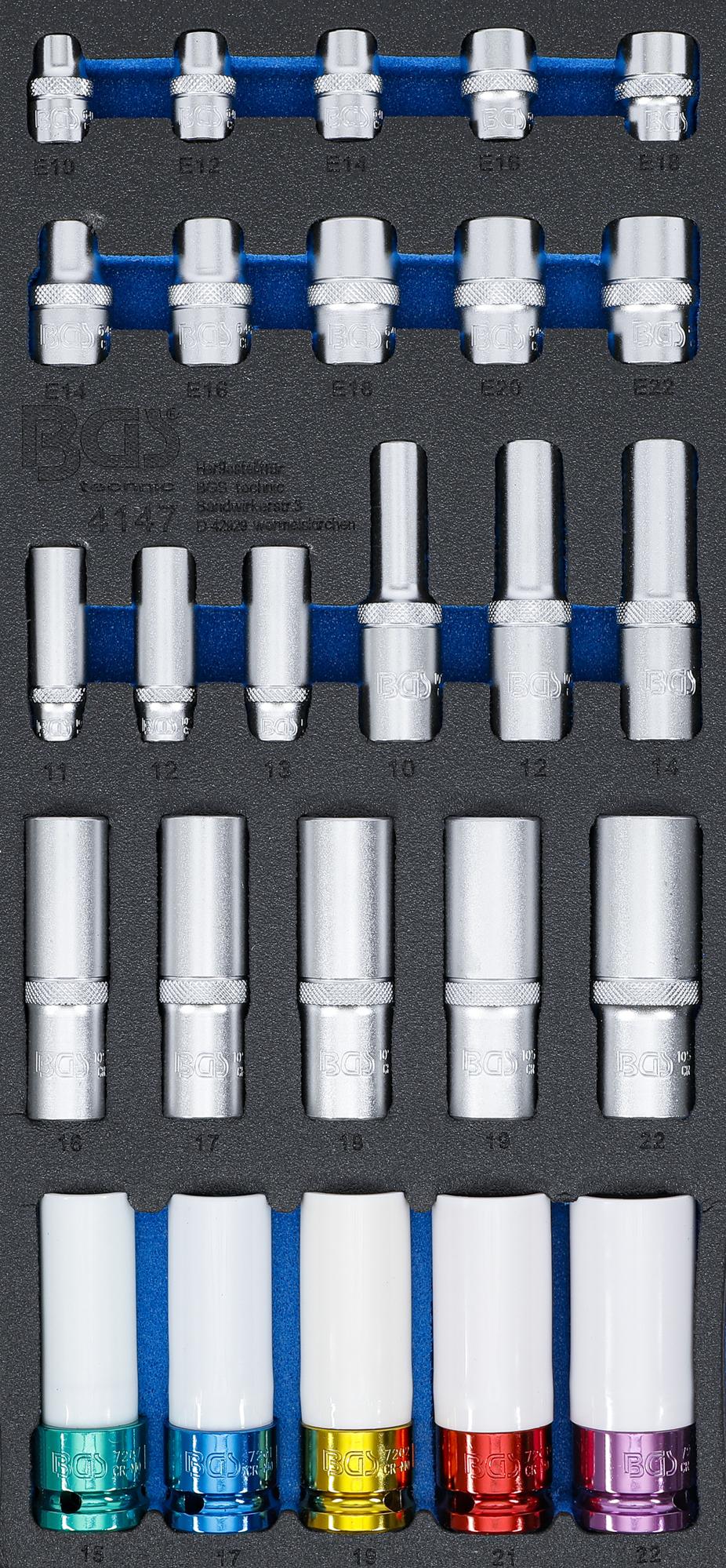 Įrankių dėklas 1/3:galvutės | Šešiakampis, gylis 11 - 22 mm | E tipo E10 - E22 | 6,3 mm (1/4"), 10 mm (3/8"), 12,5 mm (1/2") | 26 vnt. (4147)
