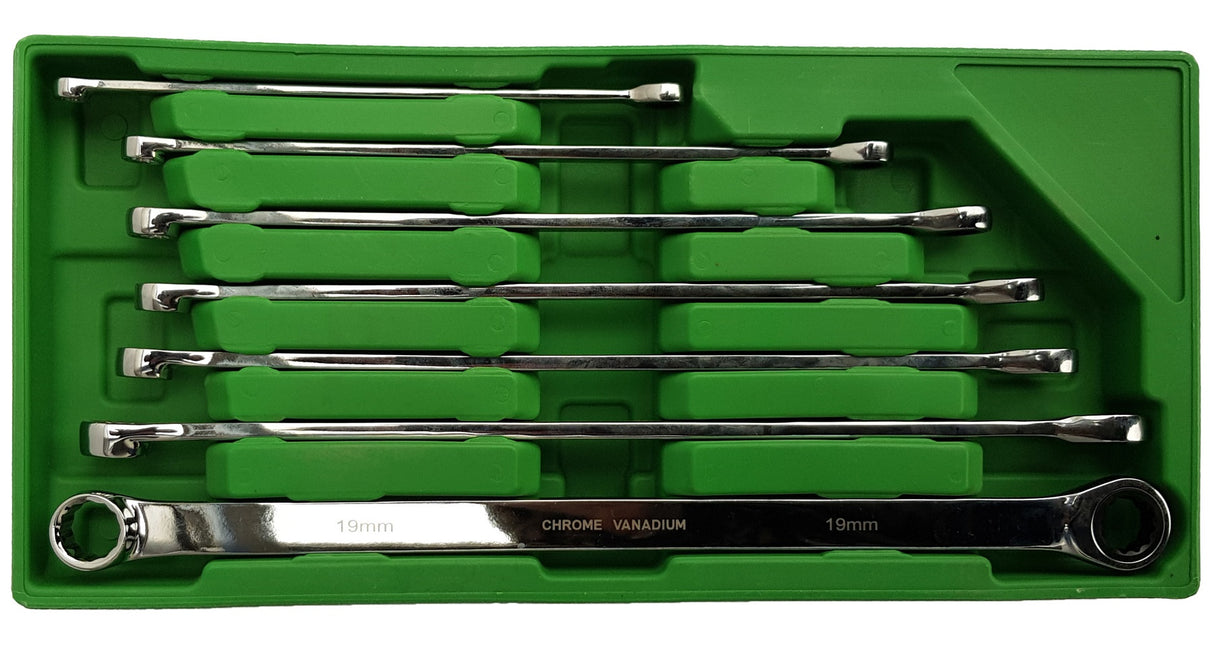 Dvigubo žiedo raktų rinkinys su terkšle | ilgas tipas | 8 - 19 mm | 7 vnt. (DR07)