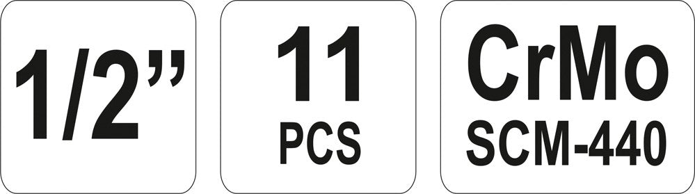 Smūginių ilgų galvučių rinkinys | 12,5 mm (1/2") | 10-24 mm | 11 vnt. (YT-1054)