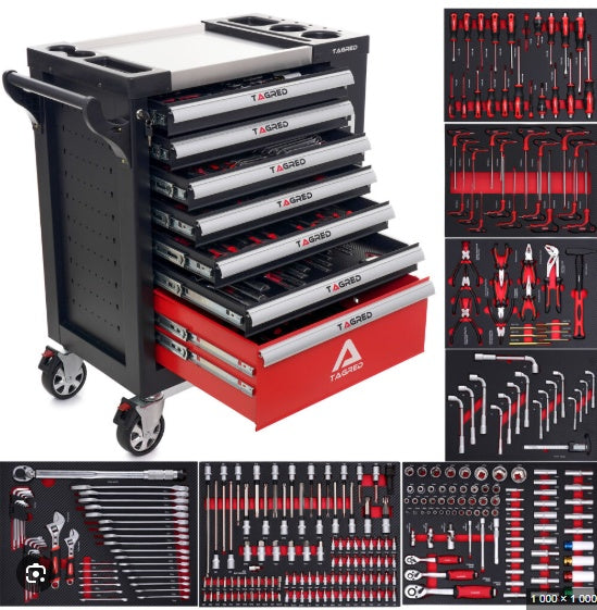 Įrankių spintelė ant ratukų | metalinis starviršis | su įrankiais | 7 stalčiai / 1 durelės | 322 įrankiai (H7002)