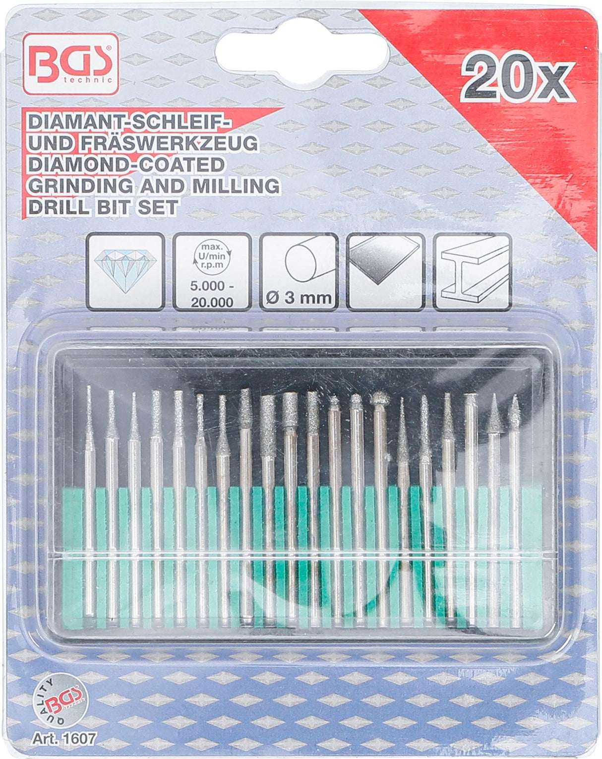 Deimantiniai šlifavimo ir frezavimo grąžtai | 20 vnt. (1607)