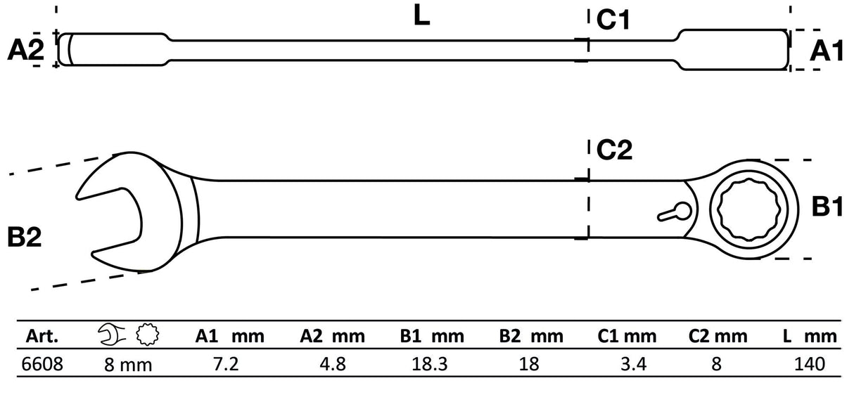 Kombinuotas raktas su terkšle | su reversu | 8 mm (6608)