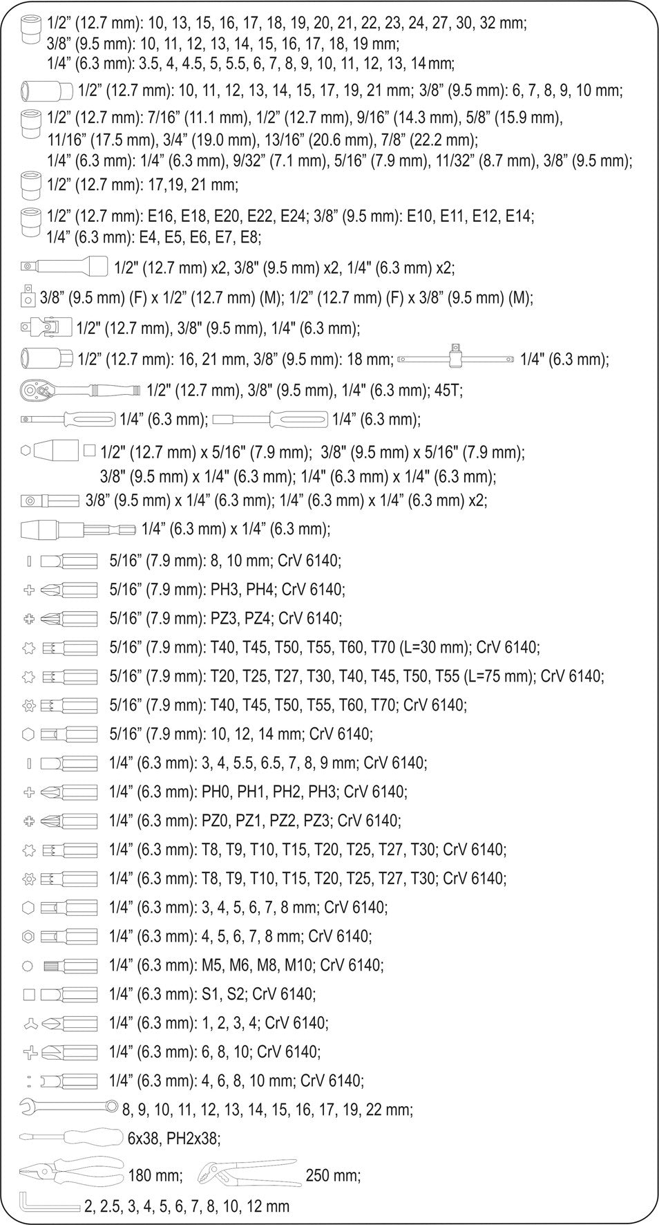 Galvučių / replių / raktų ir kitų įrankių komplektas | 225 vnt. (58693)