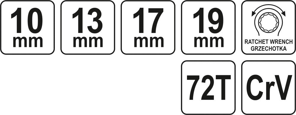 Terkšlinis raktas kilpinis dvipusis | 10-13-17-19 mm (YT-4945)