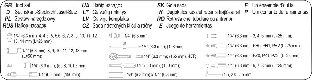 Набор головок с трещоткой | 6.3 mm (1/4") | 42 шт.