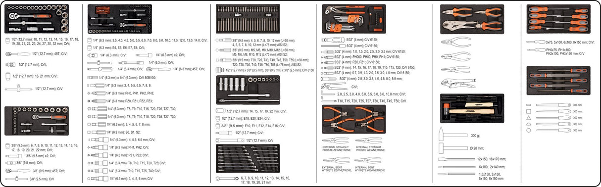 Įrankių spintelė | 302 įrankiai | 6 stalčiai (58550)