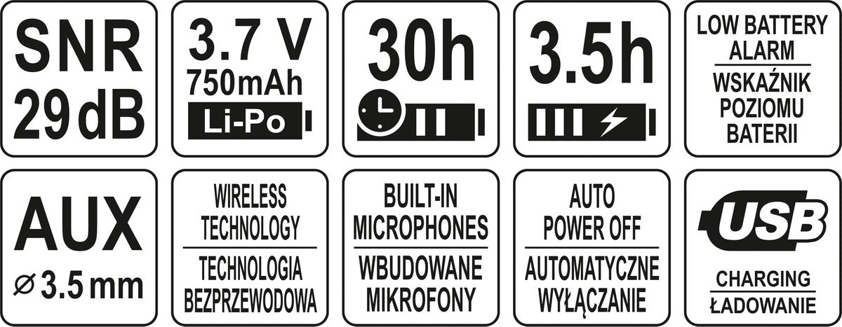 Elektroninės triukšmo ausinės su belaidžio ryšio moduliu naudojant „Bluetooth“ (YT-74626)