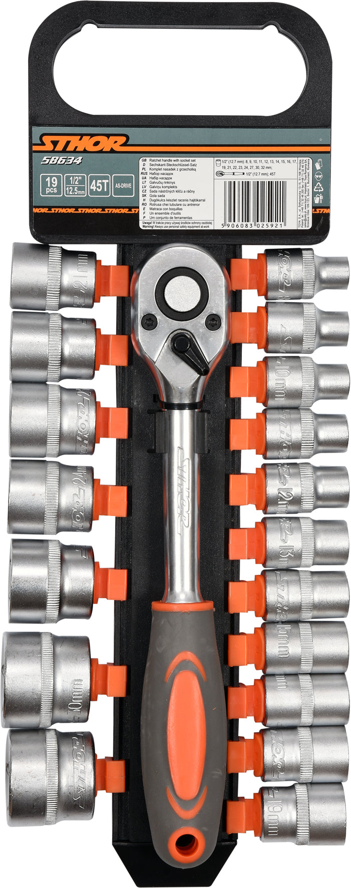 Galvučių rinkinys su terkšle | 12,5 mm (1/2") | 8-32 mm | 19 vnt. (58634)