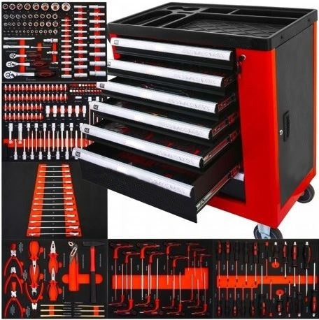 Įrankių spintelė ant ratukų | 7 stalčiai | 1 šoninės durys | 250 įrankių (H7007)