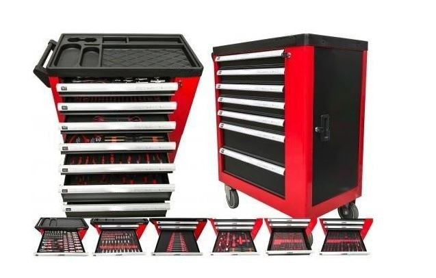 Įrankių spintelė ant ratukų | 7 stalčiai | 1 šoninės durys | 250 įrankių (H7007)