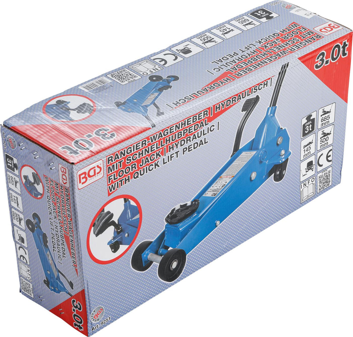 Domkratas ant ratukų | hidraulinis | 3 t | su greito kėlimo pedalu (9251)