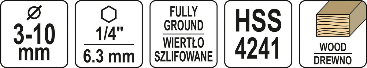 Grąžtų medžiui rinkinys | 1/4" antgalis | 3-10 mm | 7 vnt. (YT-33873)