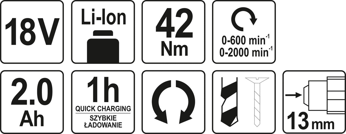 Akumuliatorinis gręžtuvas / suktukas bešepetėlinis, LI- ION 18V 2,0AH (YT-82794)