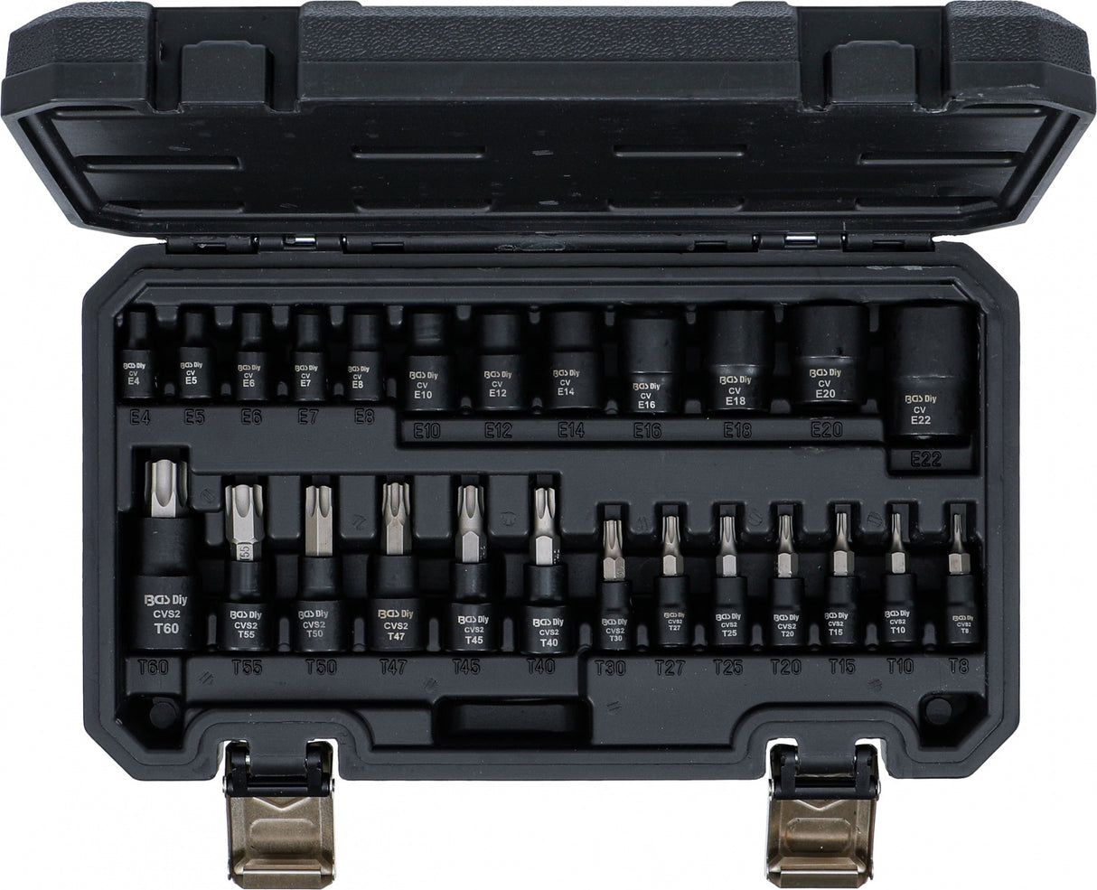 Antgalių ir galvučių rinkinys | 6.3 mm (1/4"), 10 mm (3/8"), 12.5 mm (1/2") Drive | E-Star / T-Star (for Torx) | 25 vnt (20124)
