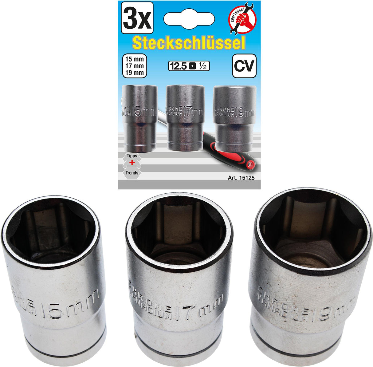 Набор головок | 12,5 mm (1/2") | 15 - 17 - 19 mm | 3 шт.