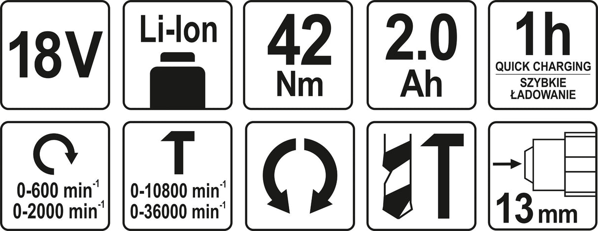 Akumuliatorinis smūginis gręžtuvas / suktukas bešepetėlinis, LI- ION 18V 2,0AH (YT-82796)