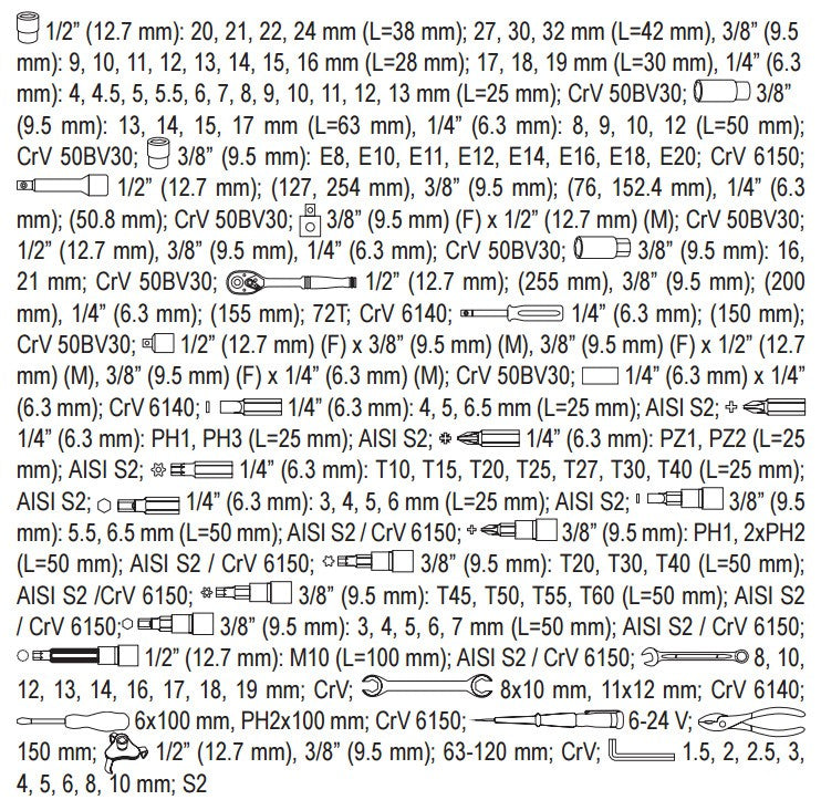 Įrankių rinkinys | 6.3 mm (1/4") / 10 mm (3/8") / 12,5 mm (1/2") | 126 vnt. (YT-38875)