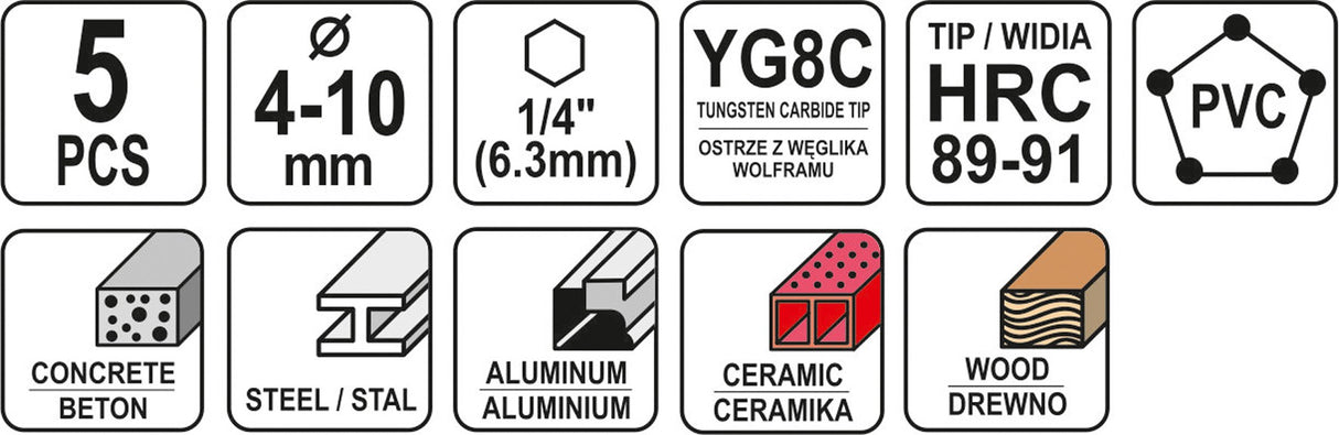 Grąžtų rinkinys su Hex 6.3 mm (1/4") galu | universalūs | 4 - 10 mm | 5 vnt. (YT-44789)