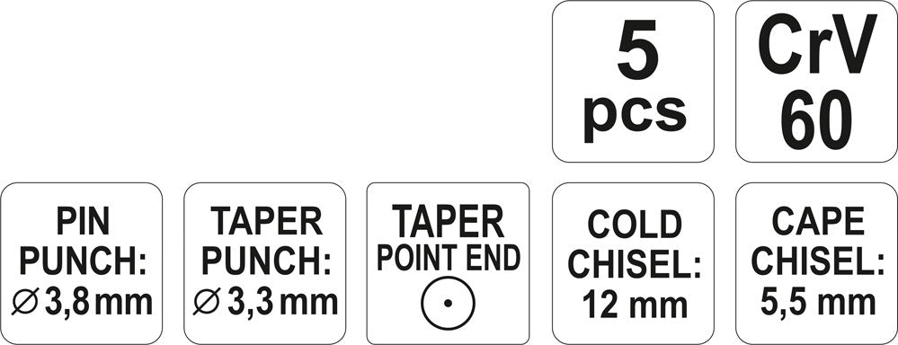 Kaltų ir išmušėjų rinkinys | 5 vnt. (YT-4695)