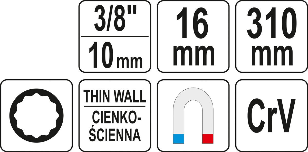 Raktas žvakėms plonasienis | su prailginimu ir magnetu | 310 mm / 16 mm (YT-08164)
