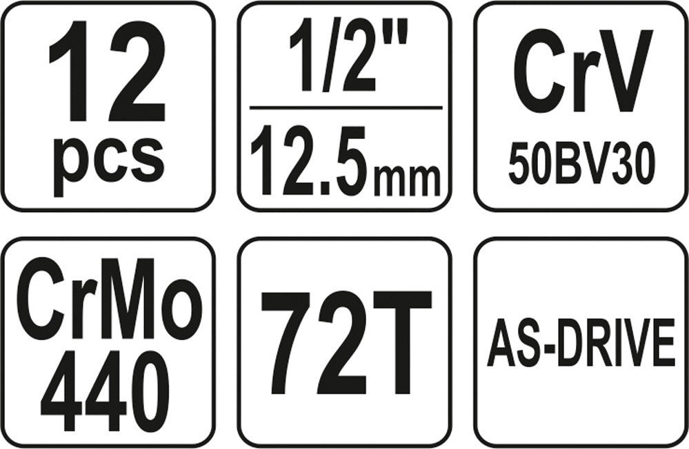 Įrankių rinkinys | 12,5 mm (1/2") | 10-24 mm | 12 vnt. (YT-38671)