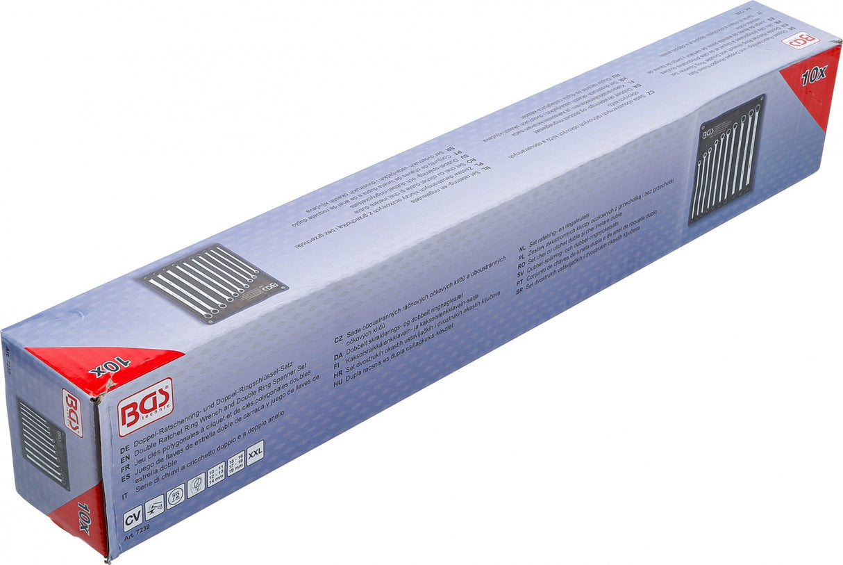 Terkšlinių ir žiedinių veržliarakčių rinkinys | dvipusiai | ilgas tipas | 10 - 19 mm | 10 vnt. (7239)